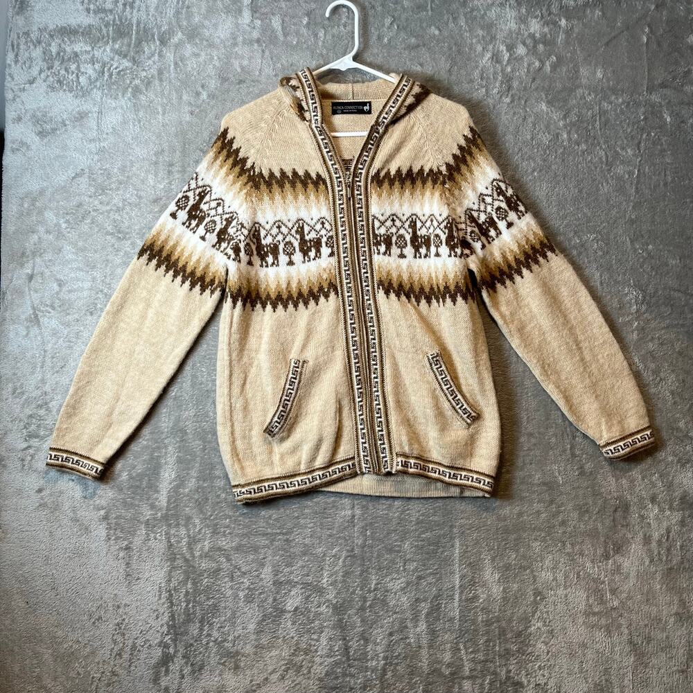 Alpaca Connection Little‎ Llamas Hooded Alpaca Wool Knitted Jacket Sz S Brown